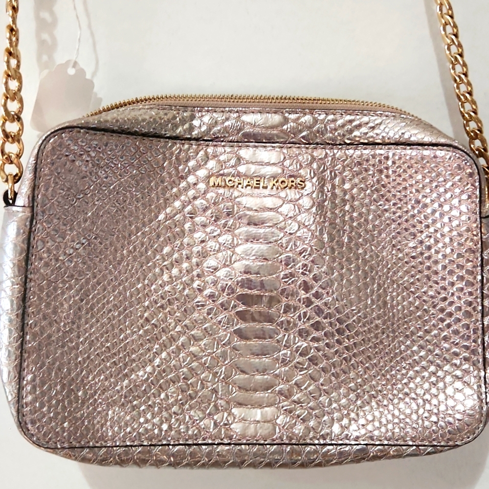 MICHAEL Michael Kors metallic silver/pinkish croc / snakeskin crossbody